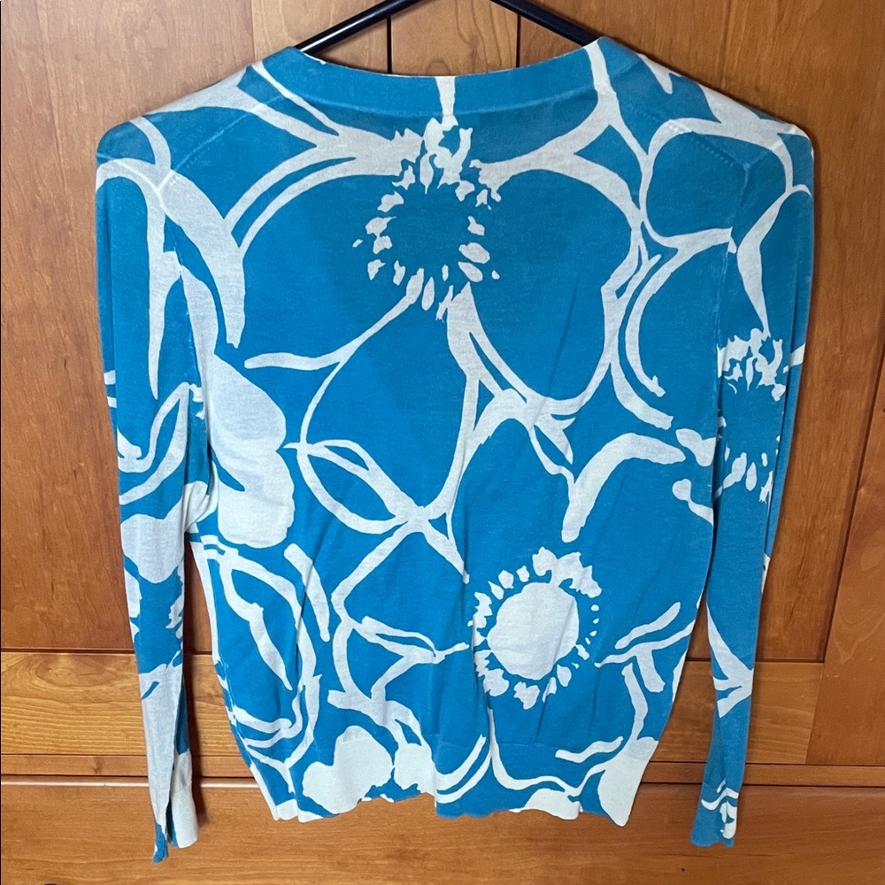 J. Crew Teal and White Floral V-Neck Cardigan - Picture 3 of 5